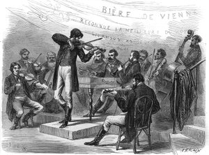 Wereldtentoonstelling: Zigeunermuzikanten uit de Oostenrijkse sectie. Gravure in 