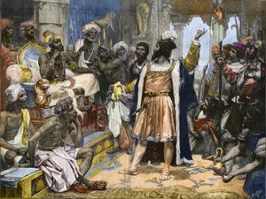 Vasco da Gama levert de brief van koning Manuel van Portugal aan de Samorim van Calicut - naar schilderij, c.