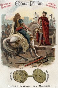 Vercingetorix (72-46 v.Chr.), leider van de Gallische opstand, legt de wapens neer aan de voeten van Caesar (100-44 v.Chr.), na definitief de stad Alesia te hebben verloren - In Algemene Geschiedenis van Munten - Chocolade-Foal Chromolithografie van de lat door Unknown artist