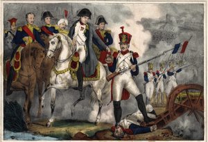 Victor ontving van Napoleon I het Kruis van het Legioen van Eer en de rang van Kapitein op het slagveld van Wagram voor zijn moed, gravure begin 19e eeuw