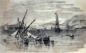 Uitzicht op Corfu in Griekenland vanaf het eiland Vido. Gravure van het begin van de 19e eeuw