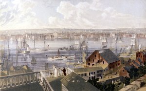 Uitzicht op de haven van New York. Lithografie ca. midden 19e eeuw. door Unknown artist