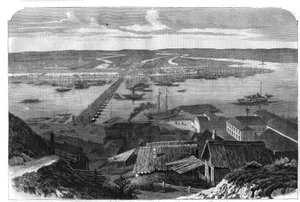 Uitzicht op Nizhny Novgorod (Nizhny Novgorod), stad in Rusland. Gravure in 