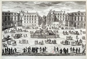 Uitzicht op Place des Victoires in Parijs met het standbeeld van Lodewijk XIV opgericht door de maarschalk de la Feuillade in 1686. Gravure van de 17e eeuw Parijs, Musee Carnavalet