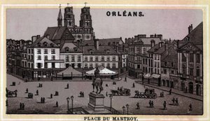 Uitzicht op Place du Martroy in Orléans, departement Loiret en regio Centre, Frankrijk. Chromolithografie uit de late 19e eeuw.