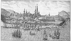 Zicht op Quebec City in Canada (eind 17e eeuw): A. Jardin du fort. B. Het fort. C. Kruitmagazijn. D. Les Recollets. E. Ursulinen. F. De Jezuïeten. G. De kathedraal. H. Het seminarie. I. Hotel Dieu. L. Algemeen Ziekenhuis. Mr. L