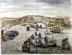 Uitzicht op Salvador, vroeger bekend als Bahia, hoofdstad van Brazilië in 1549, toen het werd gesticht - Gravure uit de 16e eeuw door Unknown artist