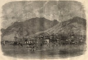 Zicht op Victoria City in Hong Kong. Gravure in 