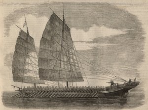 Zicht op een Chinees piratenschip in Canton. Gravure in 