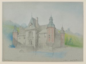 Uitzicht op een kasteel aan een rivier door Unknown artist