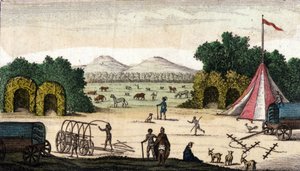 Zicht op een Nederlands kamp (van Pioniers Boeren of Voortrekkers, Afrikaners) in Pampoen Kraal (Pampoen-Kraal), Kaapprovincie, Zuid-Afrika. 1860 door Unknown artist