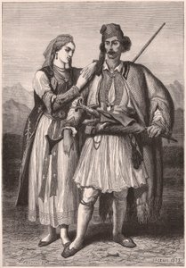 Uitzicht op een paar in Albanese traditionele kleding in de 19e eeuw