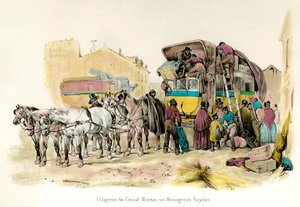 Uitzicht op een diligence van het Grand Bureau of de Royal Messageries, dienst ingesteld door Anne Robert Turgot (1727-1781): laden van passagiersbagage
