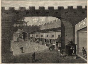Uitzicht op een straat in de stadsmuren van Guangzhou, China. Gravure in 