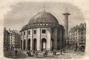 Zicht op halle au blé in Parijs (gebouwd in 1763-1769) en de Medici-zuil, gravure begin 19e eeuw door Unknown artist