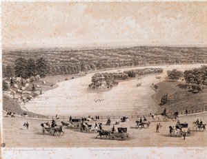 Uitzicht op het Bois de Boulogne in Parijs. Lithografie uit 1850. Privécollectie door Unknown artist