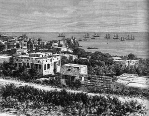 Uitzicht op de stad Beiroet. Gravure in 