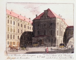 Uitzicht op het Hofburgtheater bij de Karinthia-poort (Karntnertortheater of Theater am Karntnertor) in Wenen waar Beethovens 9e symfonie voor het eerst werd uitgevoerd op 07/05/1824. Oostenrijk. Gravure uit 1815 Privécollectie door Unknown artist