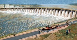 Uitzicht op het Dnjepr waterkrachtstation of de Dneprostroi Dam, gebouwd om de Sovjet industrialisatie te stimuleren door Iosef Stalin in 1932 Chromolithografie door Unknown Artist