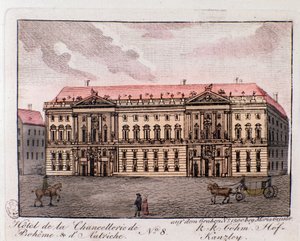 Zicht op het Hotel van de Kanselarij van Bohemen en Oostenrijk in Wenen, Oostenrijk. Gravure uit 1815 Privécollectie