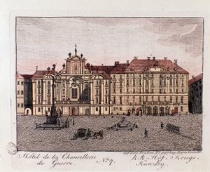 Uitzicht op het Hotel van de Oorlogskanselarij in Wenen, Oostenrijk. Gravure uit 1815