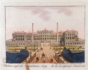 Uitzicht op het Keizerlijk Kasteel van Schonbrunn nabij Wenen, Oostenrijk. Gravure uit 1815 door Unknown artist