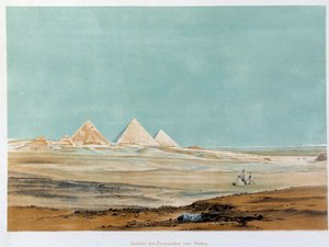 Zicht op de piramides van Gizeh (Guizeh, Giza, Gizeh), Egypte. Illustratie van de 19e eeuw Parijs, Collège de France