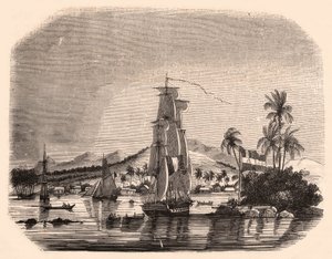 Uitzicht op de baai van Papeete en blok Koningin, Tahiti, Frans-Polynesië en op de voorgrond zeilboten en boten door Unknown