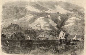 Uitzicht op de stad Funchal op het eiland Madeira in Portugal. Gravure in 