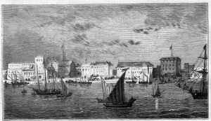 Zicht op de stad Zanzibar in Afrika. Links het Franse consulaat. Rechts het paleis van de sultan en het arsenaal. Gravure in 