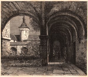 Uitzicht op de kloostergang van de abdij van Solesmes vanuit de galerij, Sarthe, Frankrijk