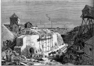 Uitzicht op de bouwplaats van de drinkwatertanks van Villejuif. Gravure in 