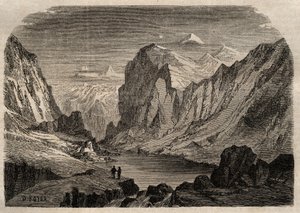 Zicht op het land van Davos in Zwitserland in de 19e eeuw - gravure in 