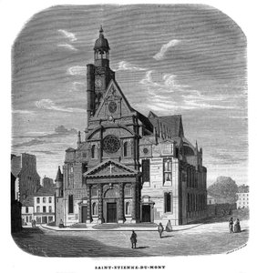 Gezicht op de gevel van de kerk van Saint-Etienne-du-Mont, Place Sainte-Genevieve in Parijs in het 5e arrondissement in 1858. door Unknown artist
