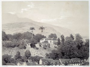Uitzicht op de huizen genomen vanaf Boulevard de la Comedie in Saint Pierre in Martinique in de Antillen. Afdruk naar foto uit het einde van de 19e eeuw
