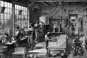 Zicht op het interieur van een Seltz-waterfabriek (koolzuurhoudend water): het wordt bereid dankzij een hoge druk in een fles genaamd Sifon. Verschillende stadia, productie en botteling. Gravure