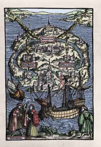 Uitzicht op het eiland Utopia uit het boek van Thomas More, 