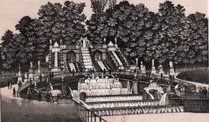 Uitzicht op de grote waterval in het park van Saint-Cloud, Frankrijk