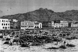 Zicht op de mars van Aden in Abessinië. Gravure rond 1880