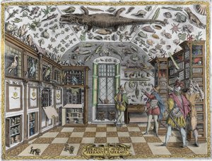Zicht op het museum (kabinet) van curiositeiten (encyclopedisch museum) van de apotheker Ferrante Imperato (1550 - 1631). Gravure uit 1678. Museum van de Napolitaanse apotheker Ferrante Imperato.