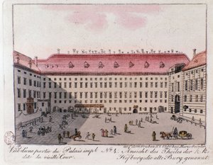 Uitzicht op het deel van het keizerlijk paleis genaamd de Oude Hof in Wenen. Oostenrijk. Gravure uit 1815 Privécollectie