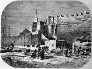 Uitzicht op de haven van de versterkte stad Tanger en de kust, Marokko. Gravure uit 1860