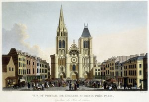 Uitzicht op het portaal van de kerk van St Denis, nabij Parijs, begraafplaats van de koningen van Frankrijk, en markt op het plein - in 