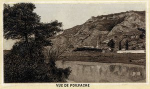 Zicht op het dorp Poilvache, Vallei van de Maas, België. Chromolithografie van het einde van de 19e eeuw.