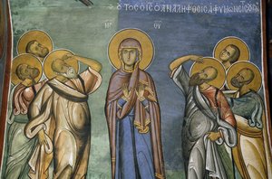 Maagd Maria onder de uitverkorenen, fresco (1192), Panayia Tou Araka Kerk (Kerk van Onze Lieve Vrouw van Pea) (Unesco Werelderfgoedlijst, 2001), Lagoudhera, Troodos bergen, Cyprus door Unknown artist