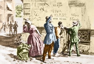 Viva Verdi: Enthousiaste inscripties voor Giuseppe Verdi in Napels (koninkrijk der beide Siciliën) onder de Oostenrijkse bezetting in 1859, na het verbod op zijn opera 