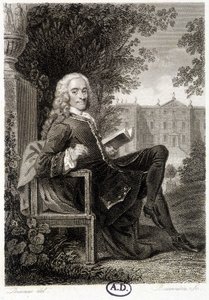 Voltaire leest in een park - gravure