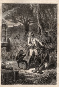 Reis naar de Caffrerie (Zuid-Afrika) (1781) door Francois Levaillant (Le Vaillant) (1753-1824): Levaillant en zijn aap degustateur Maitre Kees, die de vruchten en wortels proeft om te controleren of ze eetbaar zijn - illustratie uit 