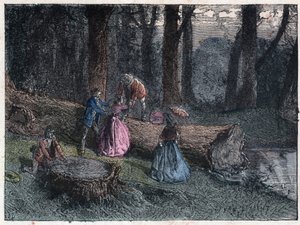Wandelaars proberen de leeftijd van een dode eik te berekenen door de stam van de boom te bestuderen. Gravure eind 19e eeuw. door Unknown artist