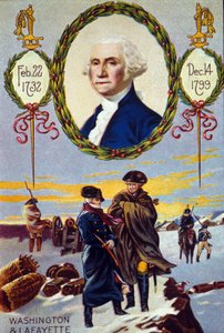 Onafhankelijkheidsoorlog van de Verenigde Staten: de Markies de Lafayette ontmoette George Washington in Valley Forge om hem te helpen in 1777. Chromolithografie uit de 19e eeuw